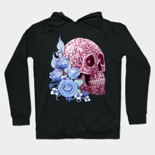 Unique Cool Pink Floral Blue Flowers Skull Hoodie